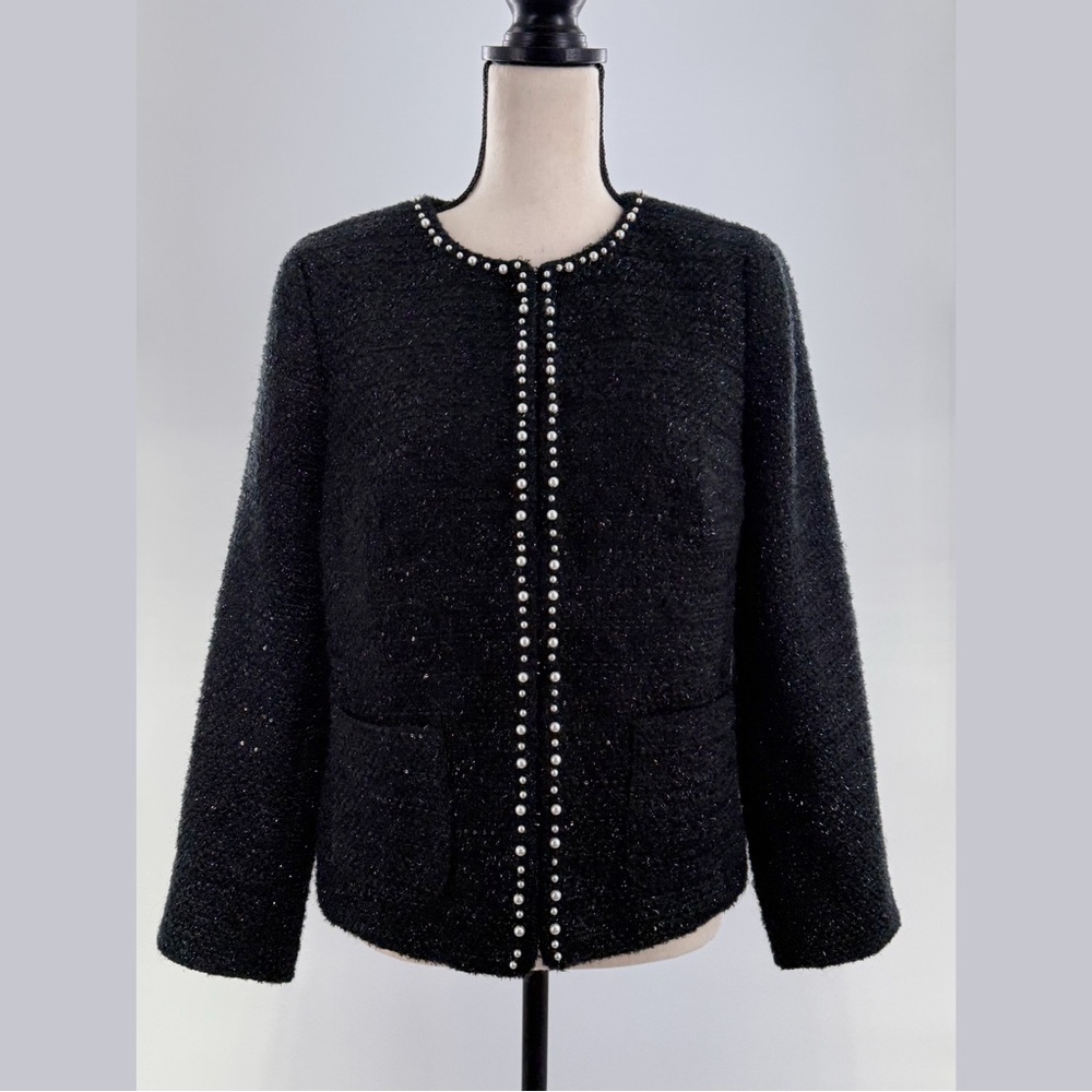 Talbots RSVP Black Sparkle Tweed Pearl Trim Jacket Blazer | Size 10P